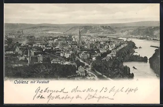 AK Coblenz, Ortsansicht mit Vorstadt aus der Vogelschau