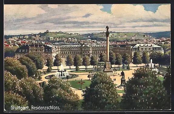 Künstler-AK Stuttgart, Residenzschloss mit Stadtblick