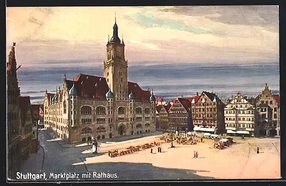 Künstler-AK Stuttgart, Marktplatz mit Rathaus