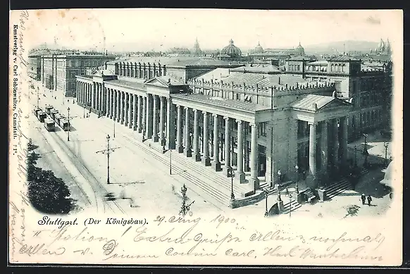 AK Stuttgart, Königsbau mit Strassenbahnen aus der Vogelschau