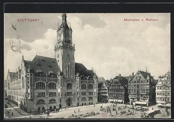 AK Stuttgart, Marktplatz und Rathaus aus der Vogelschau