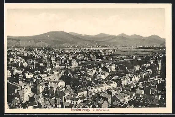 AK Godesberg, Teilansicht mit Bergpanorama aus der Vogelschau