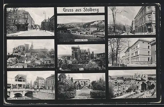 AK Stolberg / Rheinl., Kaiserplatz mit Hotel Kaiserhof und Amtsgericht, Prymsche Werke, Gymnasium