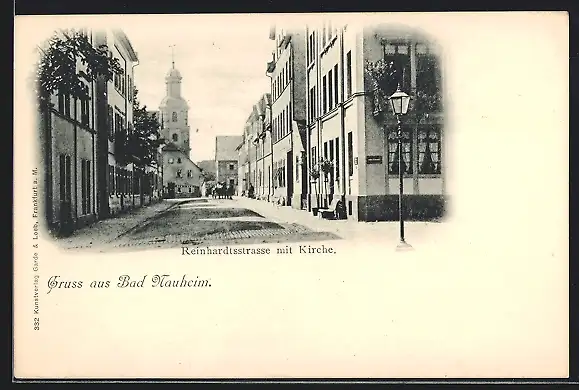 AK Bad Nauheim, Partie an der Reinhardtstrasse mit Kirche