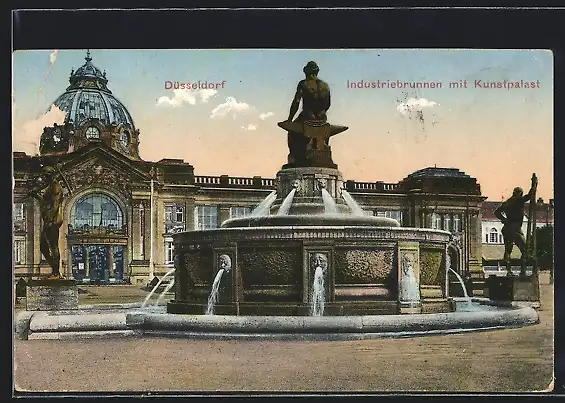 AK Düsseldorf, Industriebrunnen mit Kunstpalast