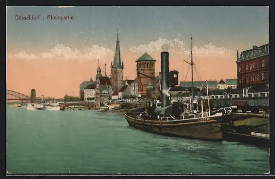 AK Düsseldorf, Rheinpartie mit Stadtblick