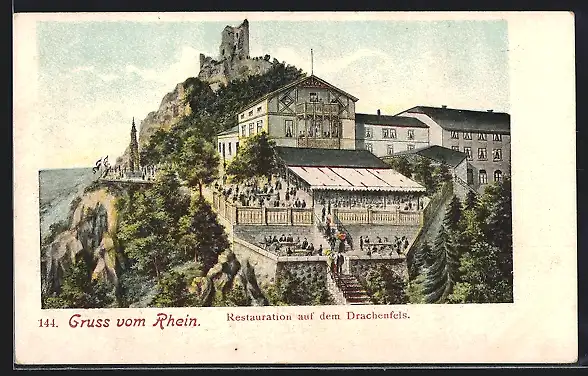 AK Ruine Drachenfels, Restauration auf dem Drachenfels mit Blick auf den zerstörten Turm der Burgruine