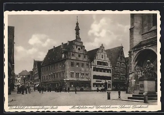 AK Dinkelsbühl, Partie am Marktplatz mit Christoph-von-Schmid-Denkmal