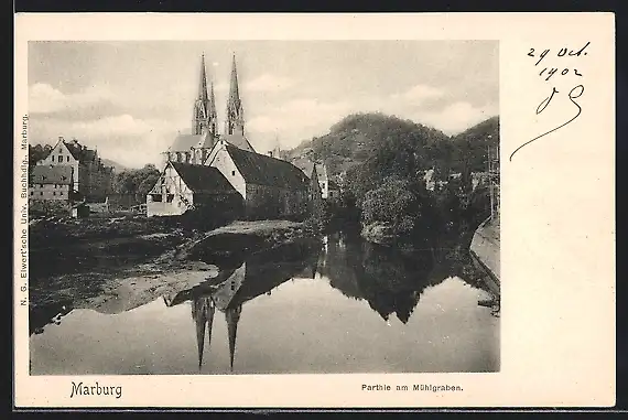 AK Marburg, Ortspartie mit Kirche am Mühlgraben