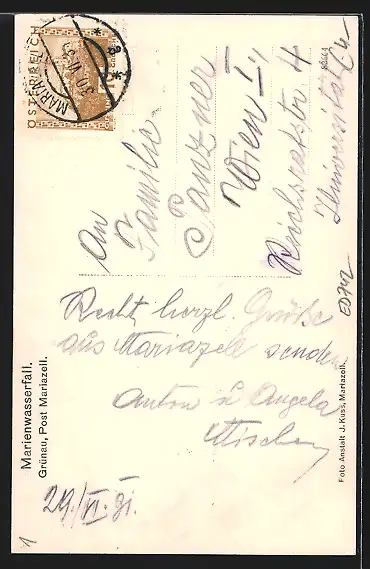 AK Grünau, Wanderer vor dem Marienwasserfall