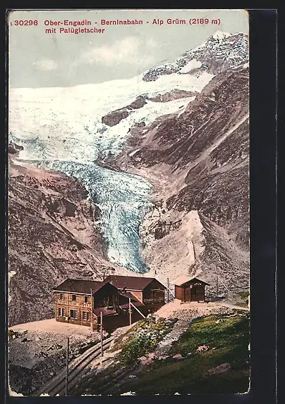 AK Ober-Engadin, Berninabahn Alp Grün mit Palügletscher
