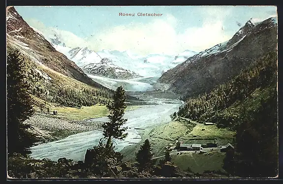 AK Roseg Gletscher, Blick in das Tal und auf den Gletscher