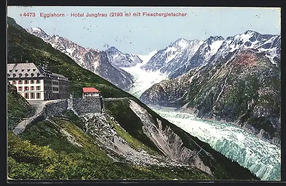 AK Eggishorn, Hotel Jungfrau mit Fieschergletscher