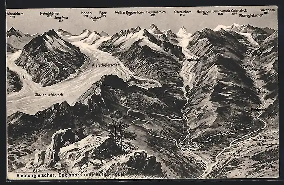 AK Eggishorn, Ansicht mit Aletschgletscher und Furkaroute, Panorama