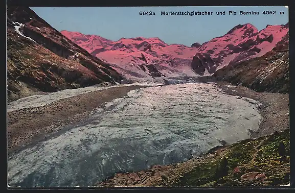 AK Morteratschgletscher, Ansicht in der Dämmerung mit Piz Bernina
