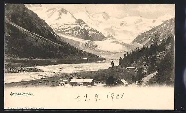 AK Roseggletscher, Panorama mit Berghütten