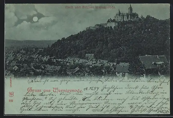 Mondschein-AK Wernigerode, Teilansicht mit Schloss
