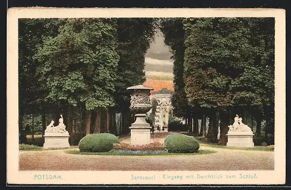 AK Potsdam, Sanssouci, Eingang mit Durchblick zum Schloss