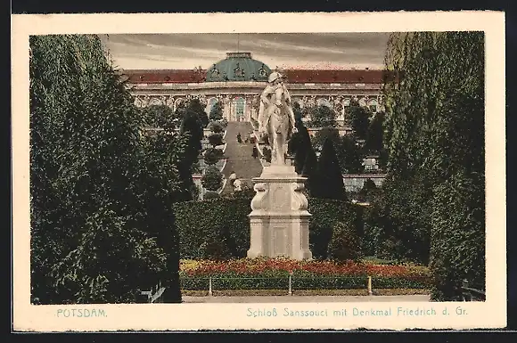 AK Potsdam, Schloss Sanssouci mit Denkmal Friedrich d. Gr.