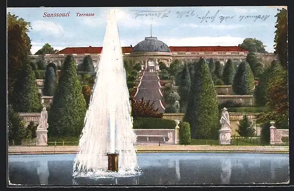 AK Potsdam, Sanssouci, Terrasse mit Springbrunnen