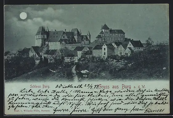 Mondschein-AK Burg a. d. W., Ortsansicht mit Schloss Burg