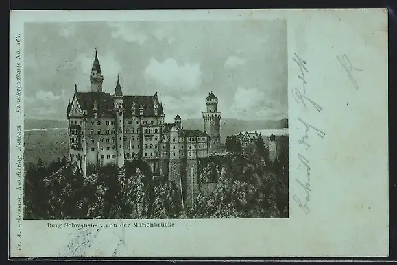 Mondschein-AK Burg Schwanstein, Ansicht von der Marienbrücke