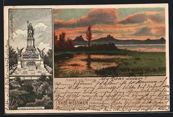 AK Tee Messmer, Niederwald-Denkmal, Abend am Rhein