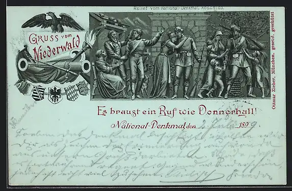 Lithographie Rüdesheim, Relief vom Nationaldenkmal auf dem Niederwald, Abschied