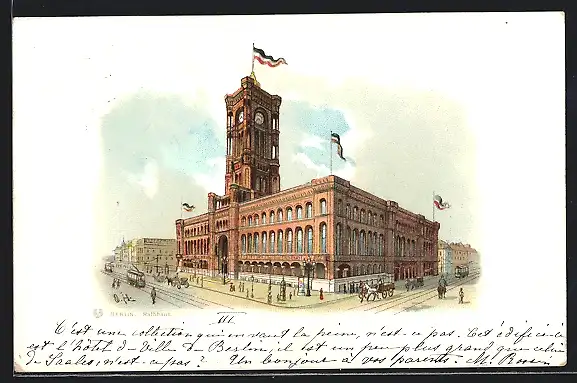 Lithographie Berlin, Rotes Rathaus, Königstrasse und Strassenbahn