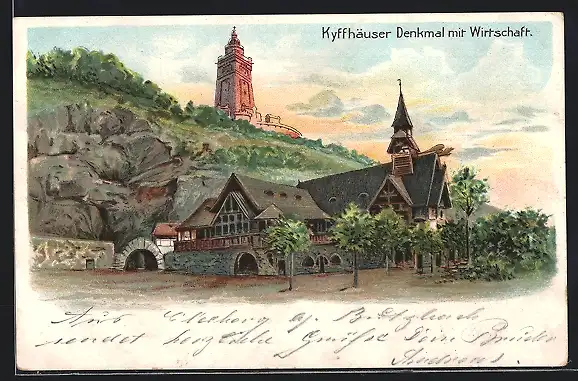 Lithographie Kyffhäuser, Kyffhäuser Denkmal mit Gasthaus