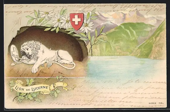 Lithographie Luzern, Löwendenkmal, Schweizer Wappen