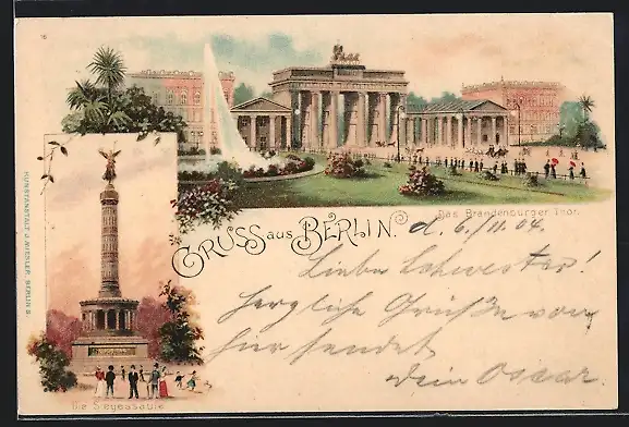 Lithographie Berlin, Pariser Platz mit Brandenburger Tor, die Siegessäule
