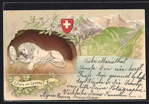 Lithographie Luzern, Löwendenkmal, Schweizer Wappen