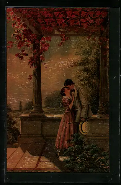 Ölgemälde-Imitations-AK Degi Nr. 1072: Das Wiedersehen, Liebespaar küsst sich auf der Veranda