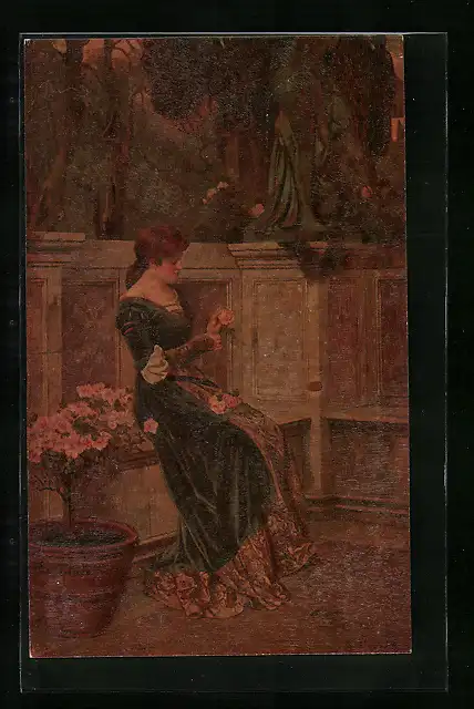 Ölgemälde-Imitations-AK Degi Nr. 713: Sein gedenk ich, Frau sitzt nachdenklich im Garten