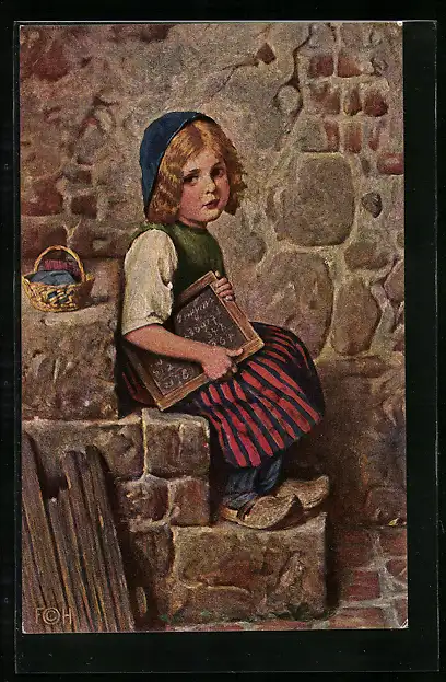 Ölgemälde-Imitations-AK Degi Nr. 930: Gretel, Mädchen mit Tafel, Tracht und Holzschuhen, von H. Kaulbach
