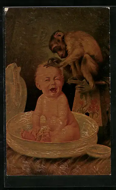 Ölgemälde-Imitations-AK Degi Nr. 546: Unerbetener Liebesdienst, Affe laust den Kopf eines schreienden Babys