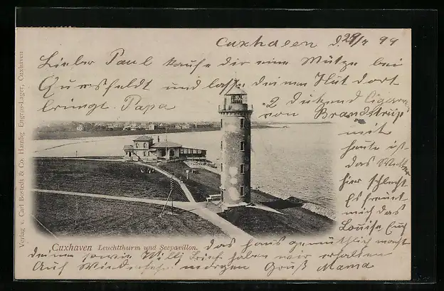 AK Cuxhaven, Leuchtturm und Seepavillon aus der Vogelschau