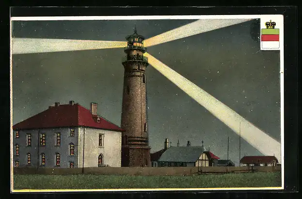 AK Helgoland, Leuchtturm bei Nacht und Wappen