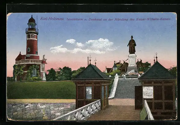 AK Kiel-Holtenau, Leuchtturm u. Denkmal an der Mündung des Kaiser-Wilhelm-Kanals