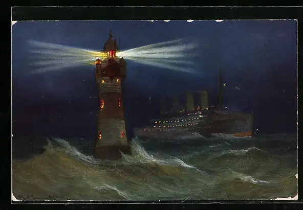 Künstler-AK Rote-Sand, Leuchtturm und Ozeandampfer bei Nacht