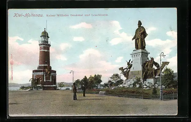 AK Kiel-Holtenau, Kaiser Wilhelm Denkmal und der Leuchtturm
