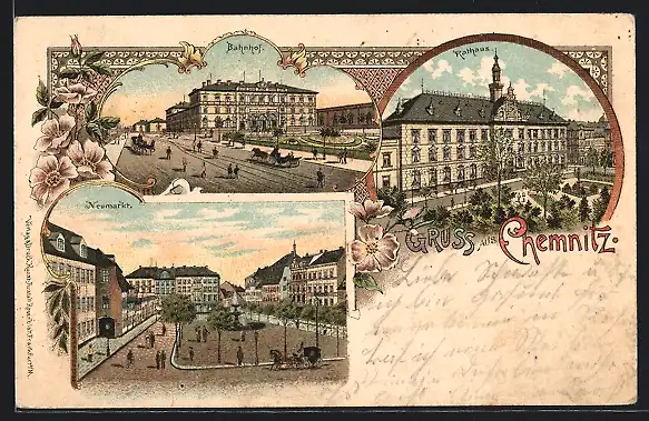 Lithographie Chemnitz, Bahnhof, Rathaus u. Neumarkt