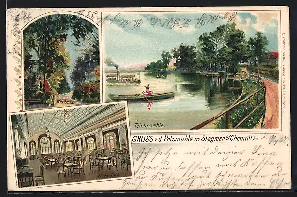 AK Chemnitz-Siegmar, Gasthaus Pelzmühle, Teichpartie