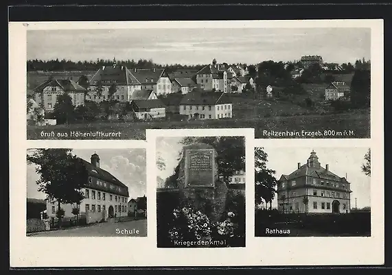 AK Reitzenhain, Schule, Rathaus, Kriegderdenkmal