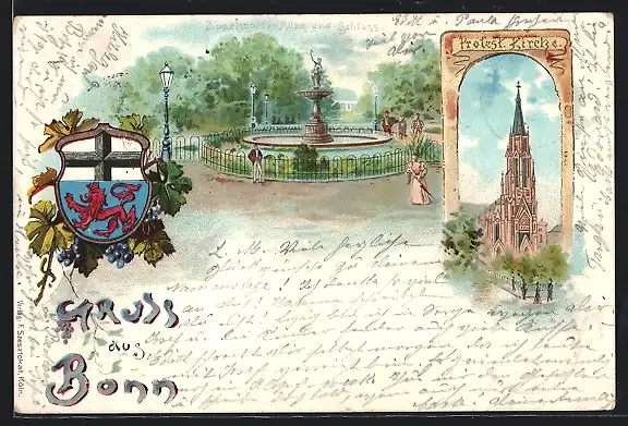 Lithographie Bonn, Protestantische Kirche, Pappelsdorfer Allee und Schloss, Wappen