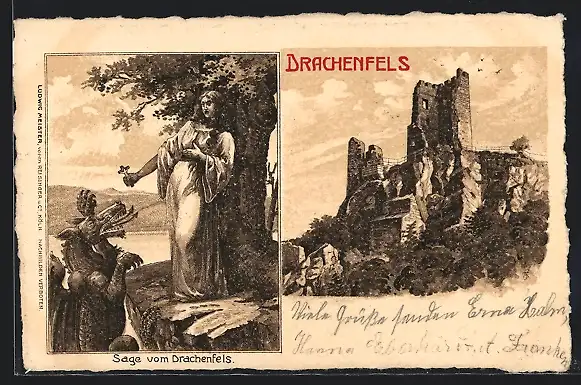 Lithographie Drachenfels, Sage vom Drachenfels, Burgruine