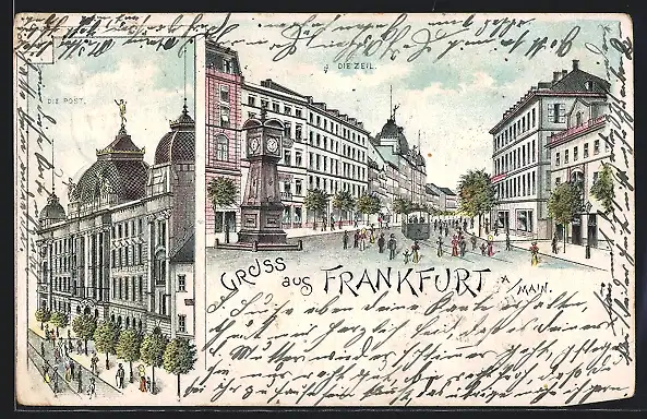 Lithographie Frankfurt a. Main, Strasse Zeil mit Strassenbahn, Post