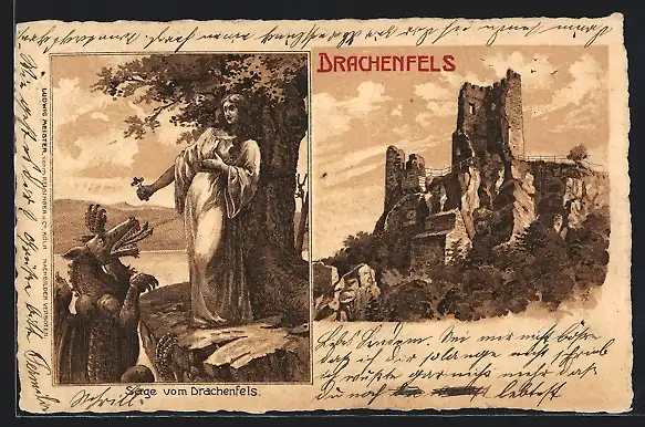 Künstler-AK Drachenfels, Ruine, Sage vom Drachenfels, Wappen