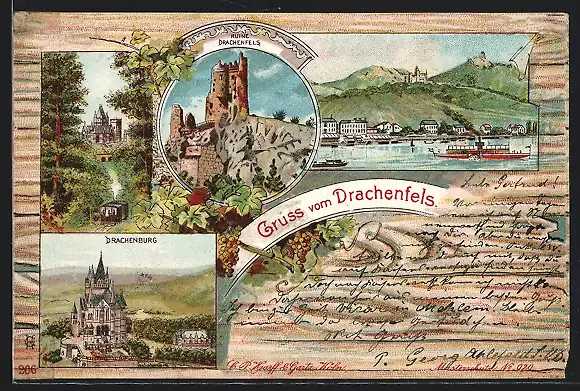 Lithographie Königswinter, Ruine Drachenfels, Drachenburg, Stadtansicht